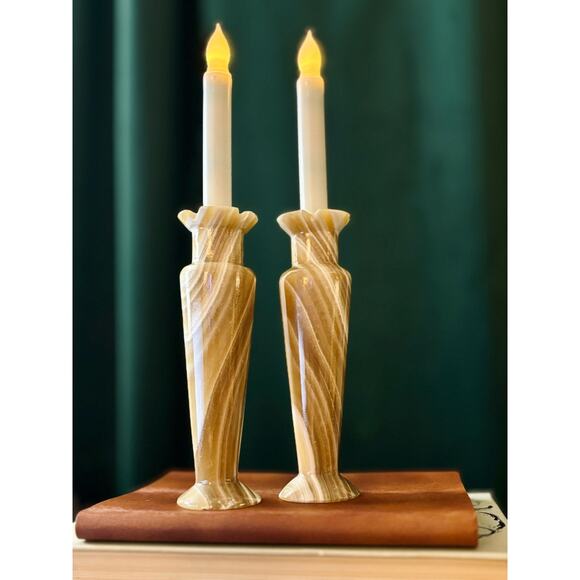 Vintage Egyptian Alabaster Marble Onyx Vases Candle Holders Set of 2 Handmade - Picture 1 of 13